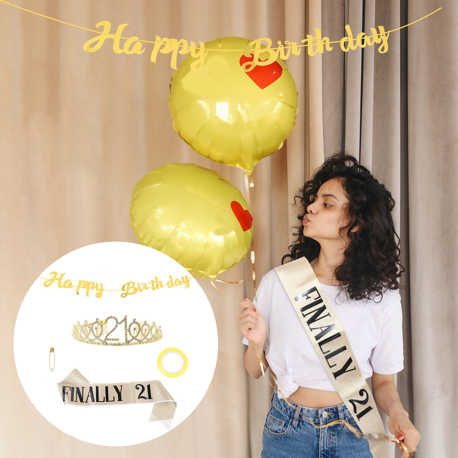 Birthday Sash Glitter - 1 zestaw: korona urodzinowa, błyszczący baner,